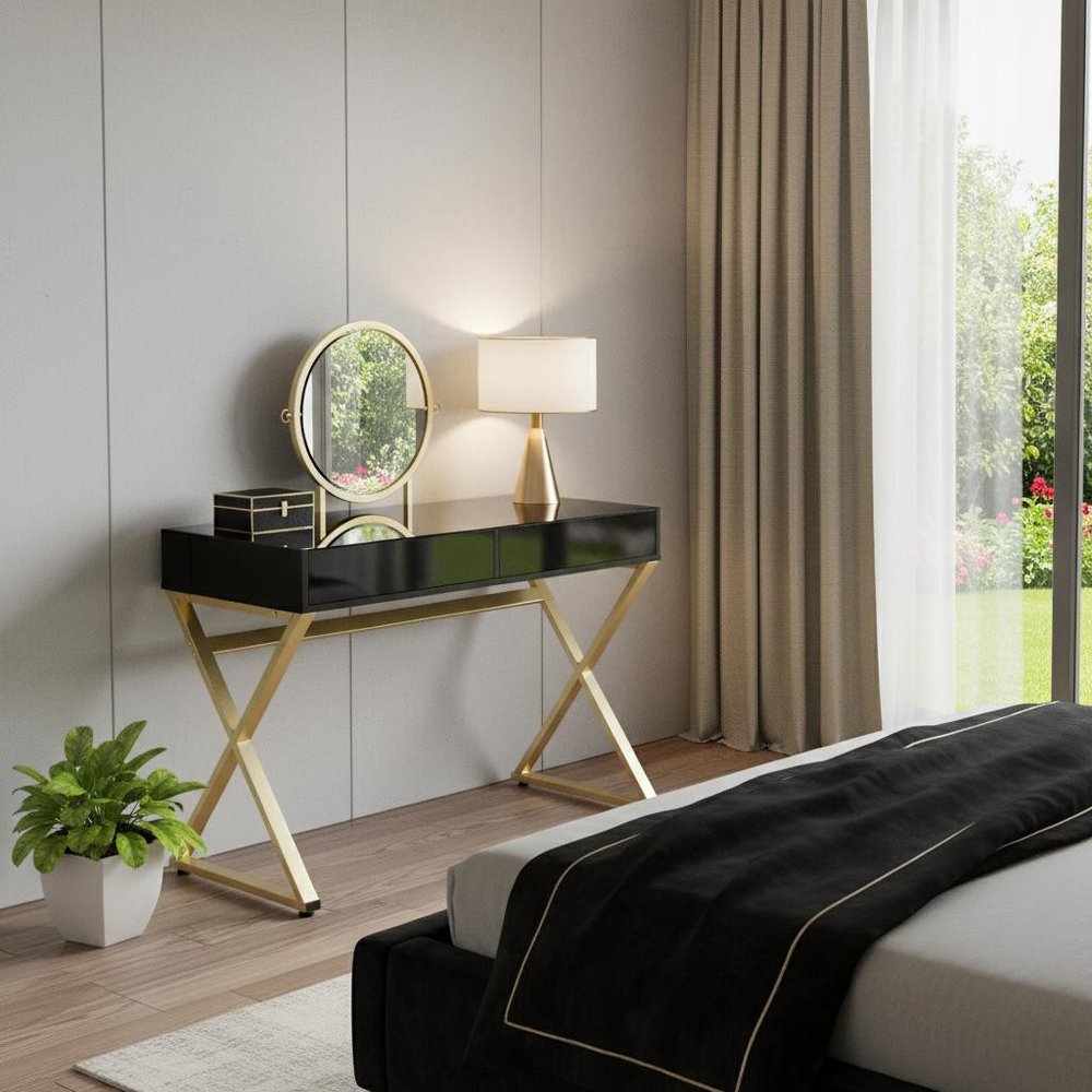 42" Black And Gold Glass and Wood Mirrored Vanity Table styled in a furnished interior with a light gray wall on a black floor.