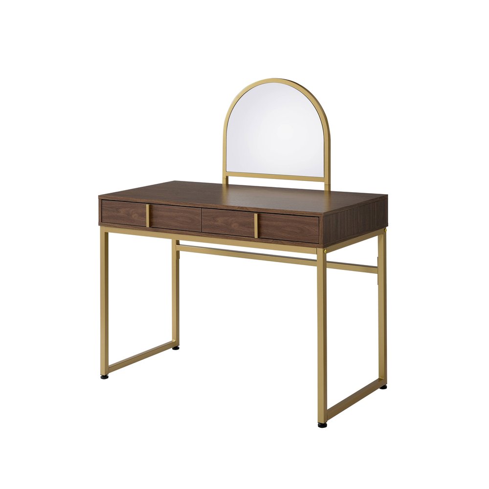 42" Gold Mirrored Vanity Table with Mirror With Two Drawers. Vanity table isolated on a plain white background, in a gold metal finish.