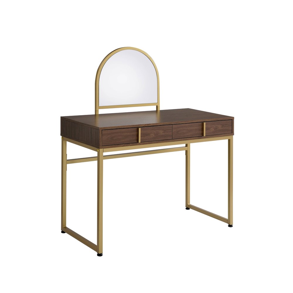 42" Gold Mirrored Vanity Table with Mirror With Two Drawers. Vanity table isolated on a plain white background, finished in gold metal.