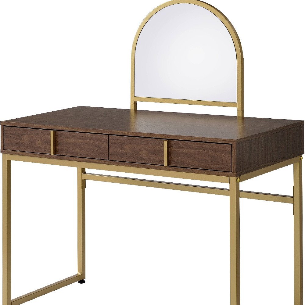 42" Gold Mirrored Vanity Table with Mirror With Two Drawers. Vanity table isolated on a plain white background, in a gold metal finish.
