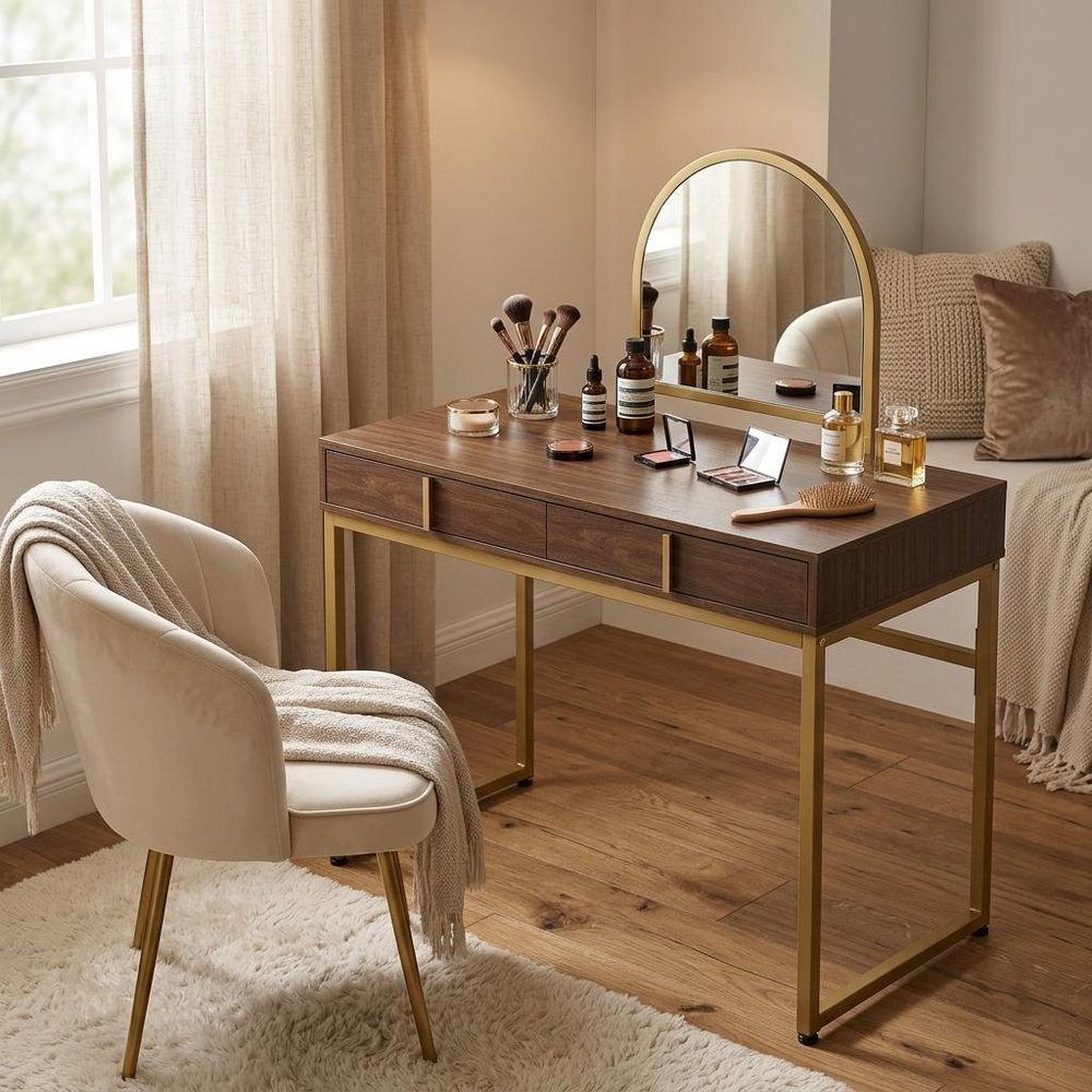 42" Gold Mirrored Vanity Table with Mirror With Two Drawers styled in a furnished interior with a tan wall on a wood floor.