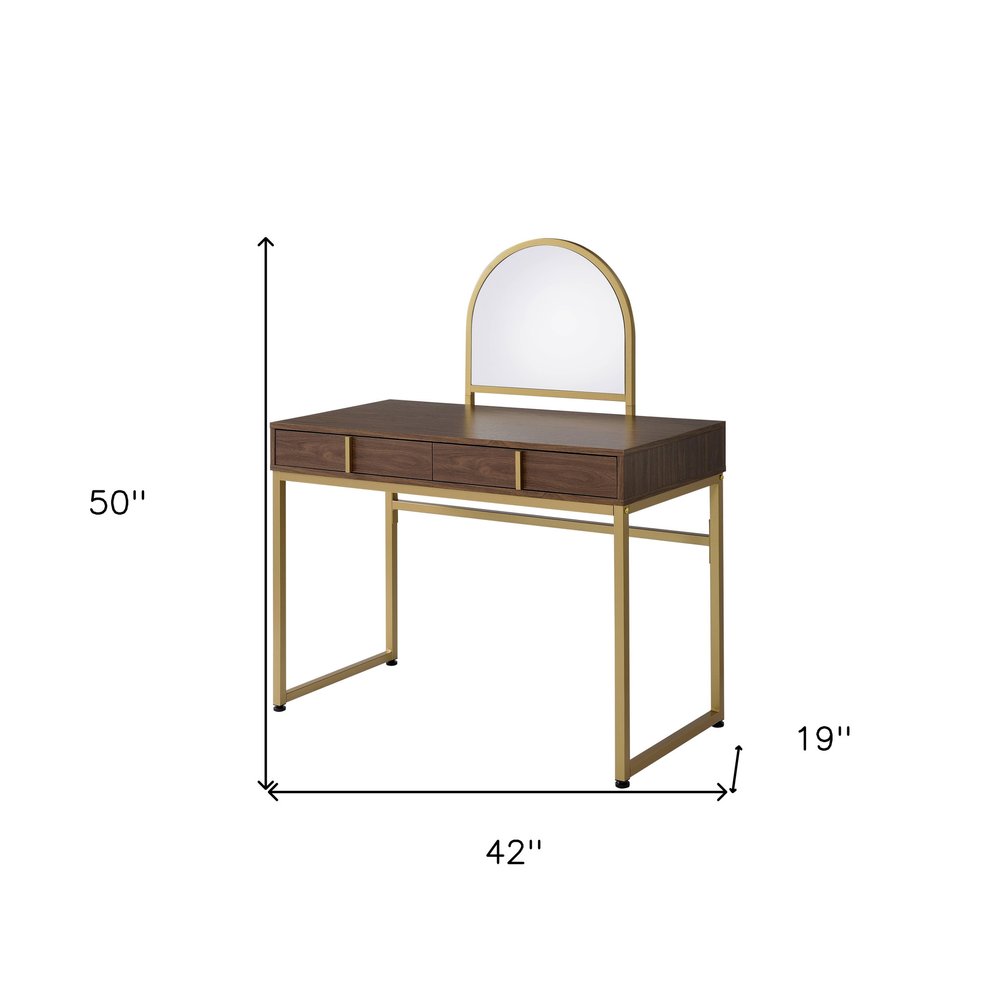 42" Gold Mirrored Vanity Table with Mirror With Two Drawers. Vanity table isolated on a plain white background, finished in gold metal.