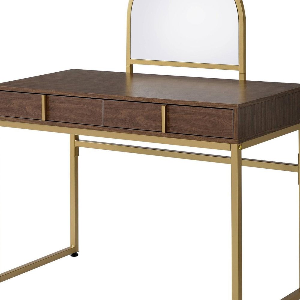 42" Gold Mirrored Vanity Table with Mirror With Two Drawers. Vanity table isolated on a plain white background, finished in gold metal.