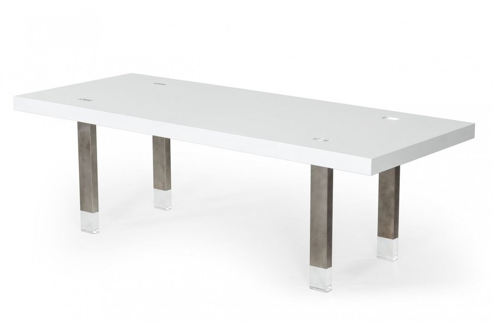 95" White And Gray Stainless Steel Dining Table on a white background