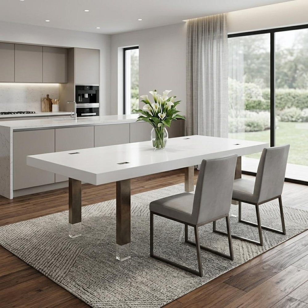 95" White And Gray Stainless Steel Dining Table in a home interior