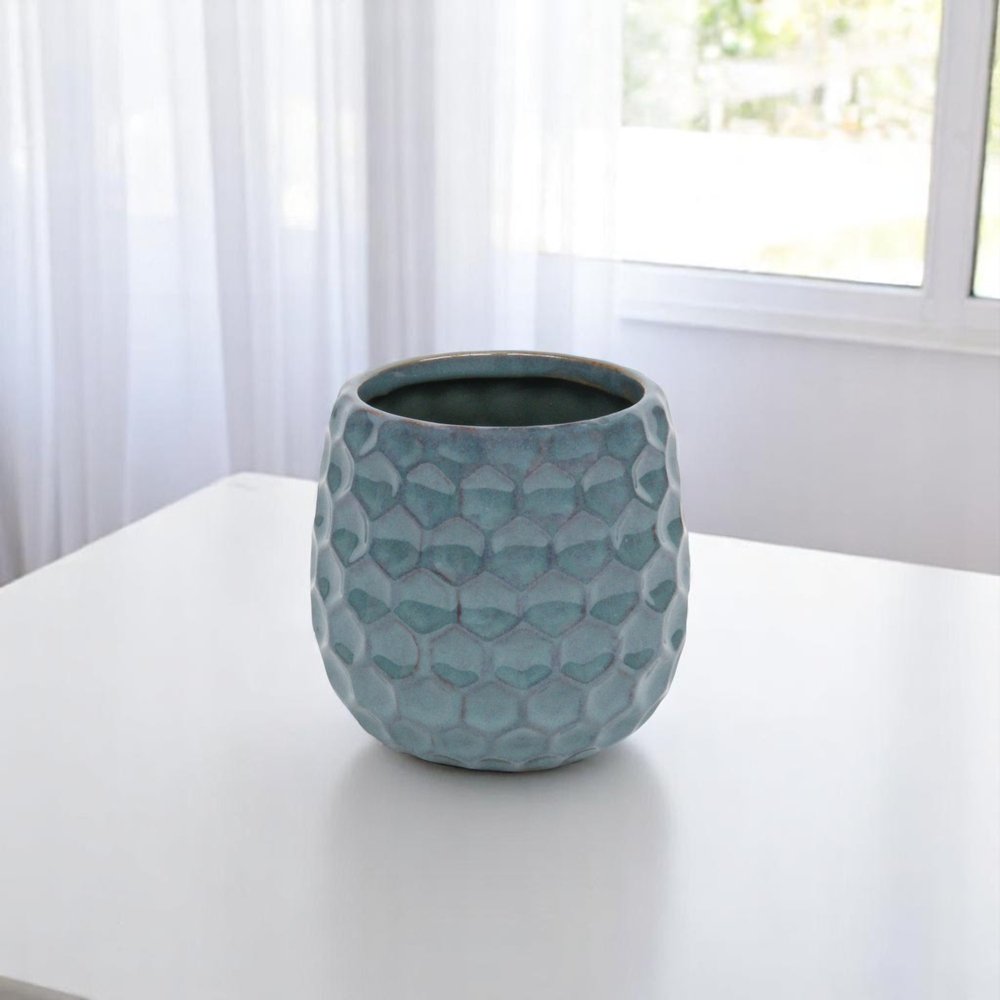 Blue Ceramic 15 Ounce Round Distressed Pot Planter
