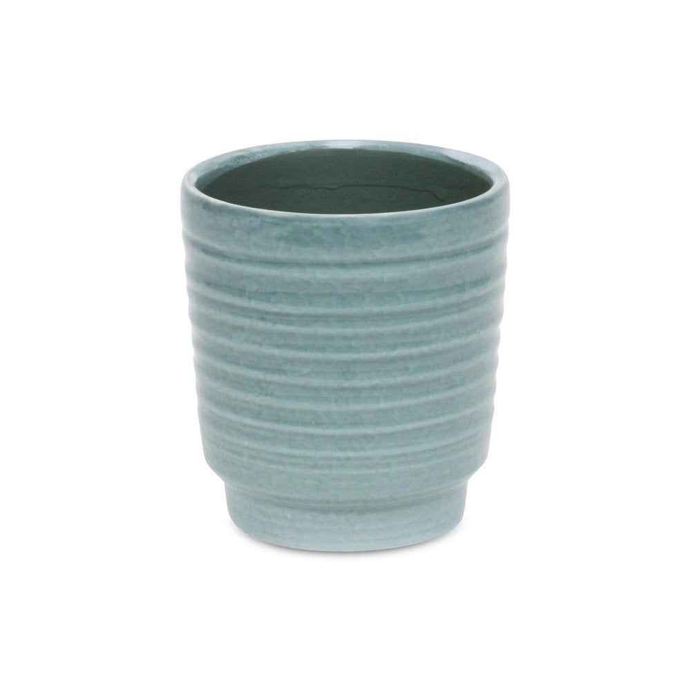Celadon Ceramic 35 Ounce Striped Round Distressed Pot Planter on a white background