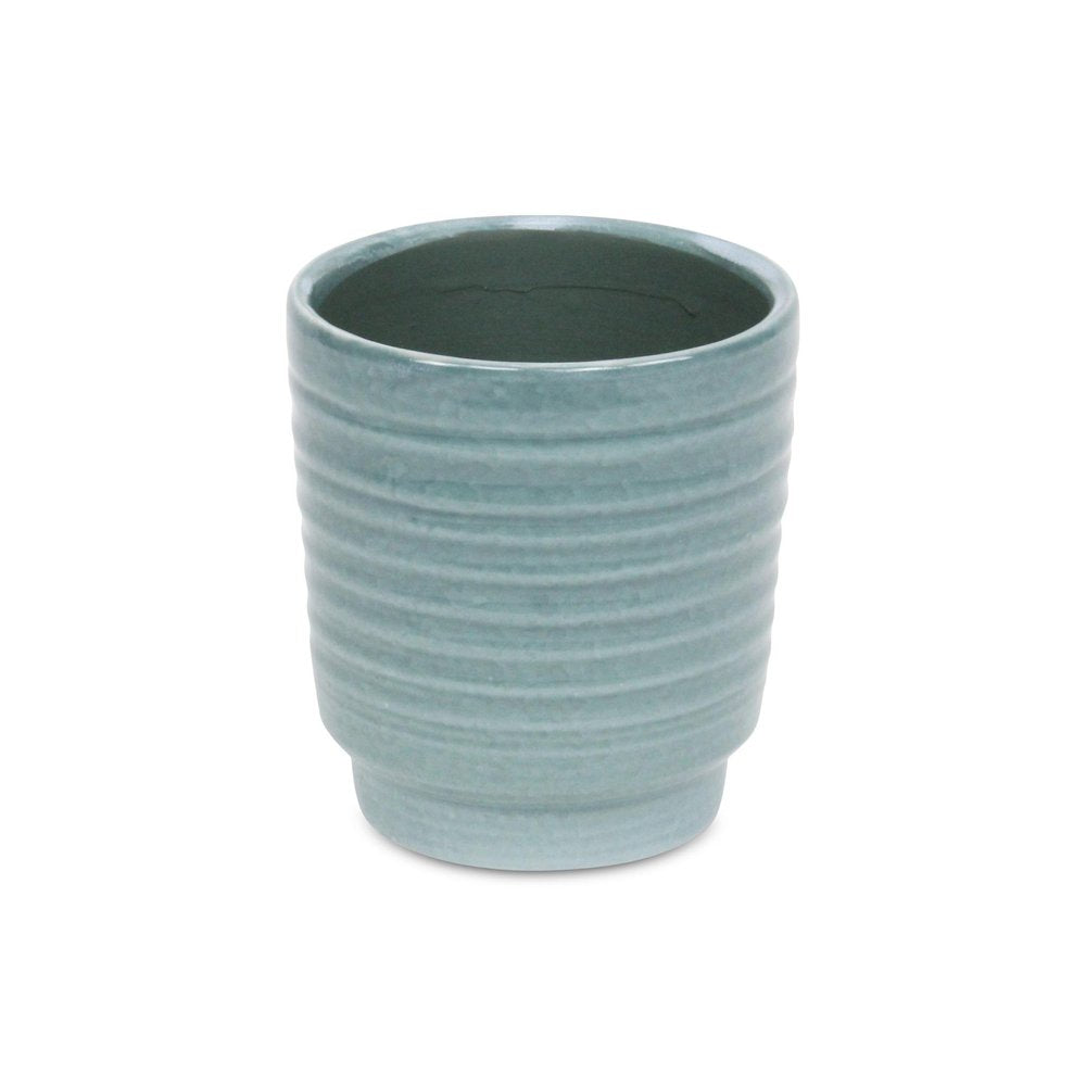 Celadon Ceramic 35 Ounce Striped Round Distressed Pot Planter