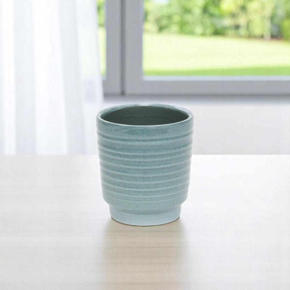 Celadon Ceramic 35 Ounce Striped Round Distressed Pot Planter