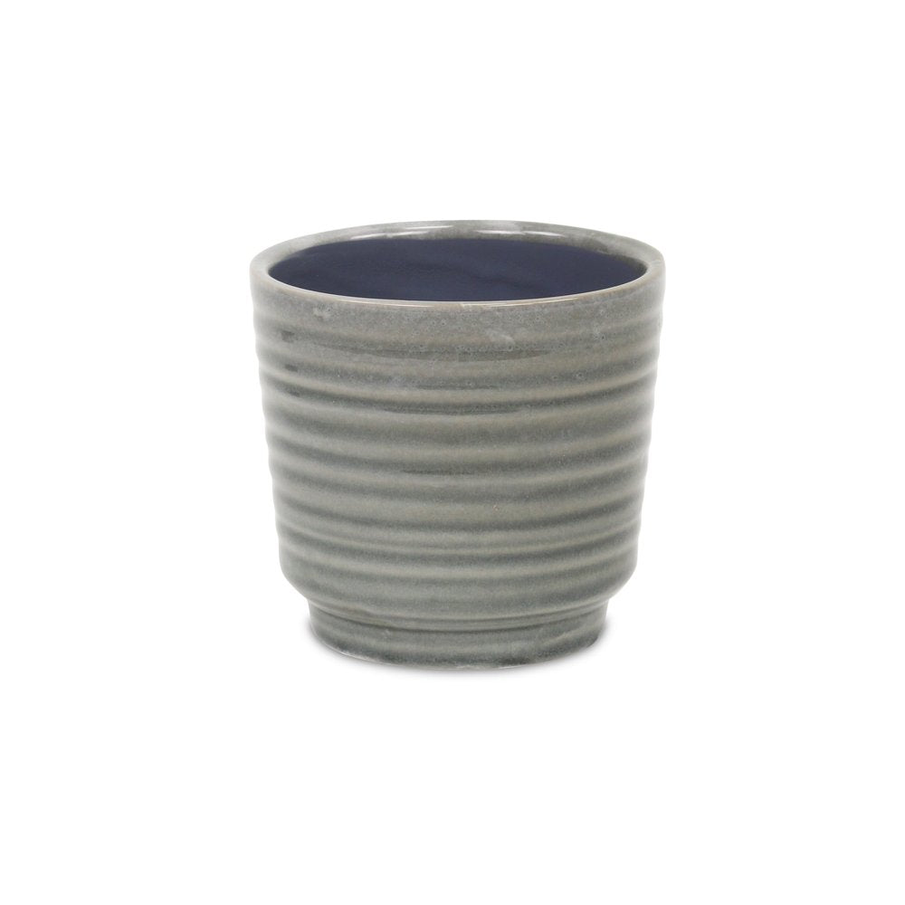 Gray Ceramic 23 Ounce Striped Round Distressed Pot Planter