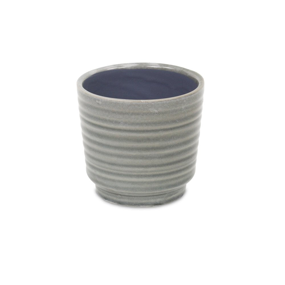 Gray Ceramic 23 Ounce Striped Round Distressed Pot Planter on a white background