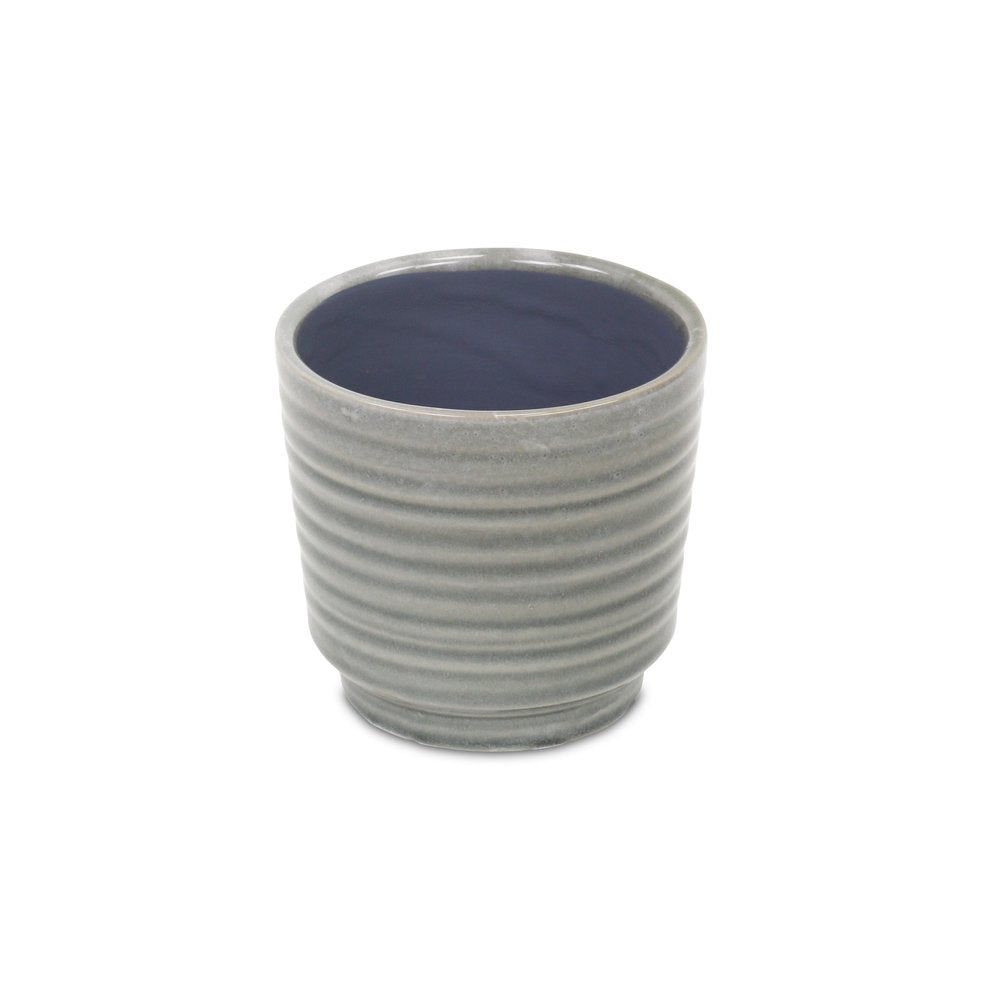 Gray Ceramic 23 Ounce Striped Round Distressed Pot Planter