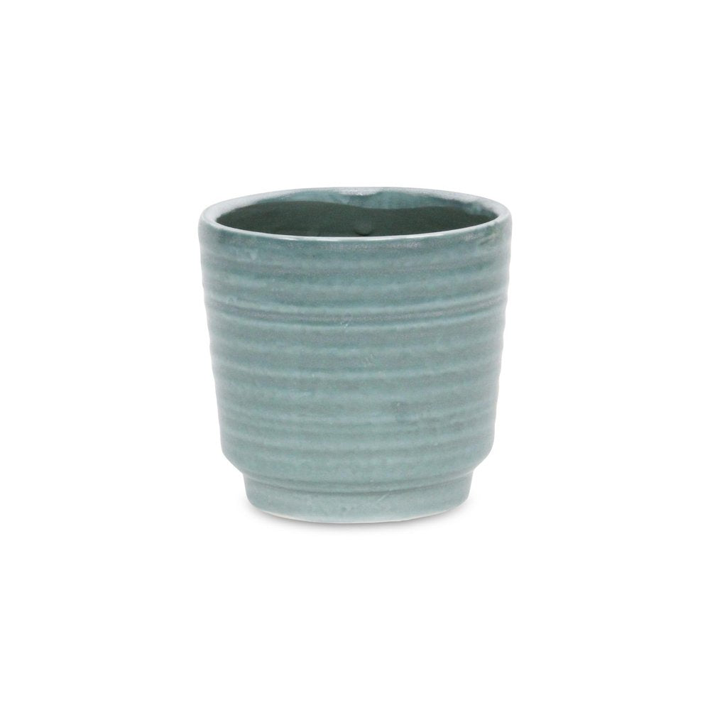Green Ceramic 23 Ounce Striped Round Distressed Pot Planter