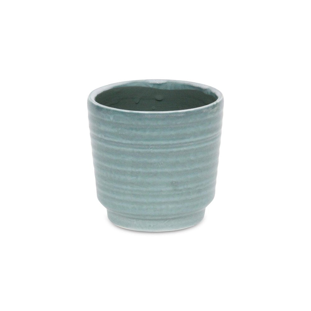 Green Ceramic 23 Ounce Striped Round Distressed Pot Planter