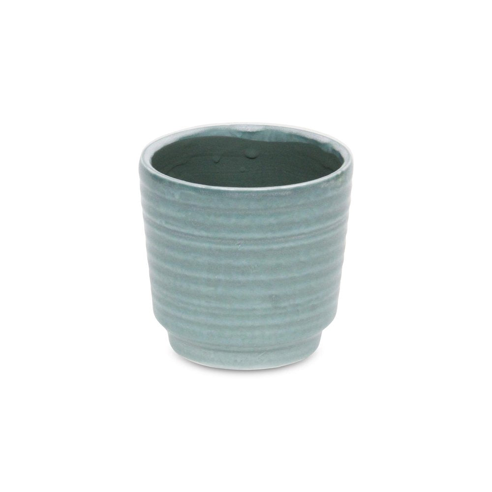 Green Ceramic 23 Ounce Striped Round Distressed Pot Planter