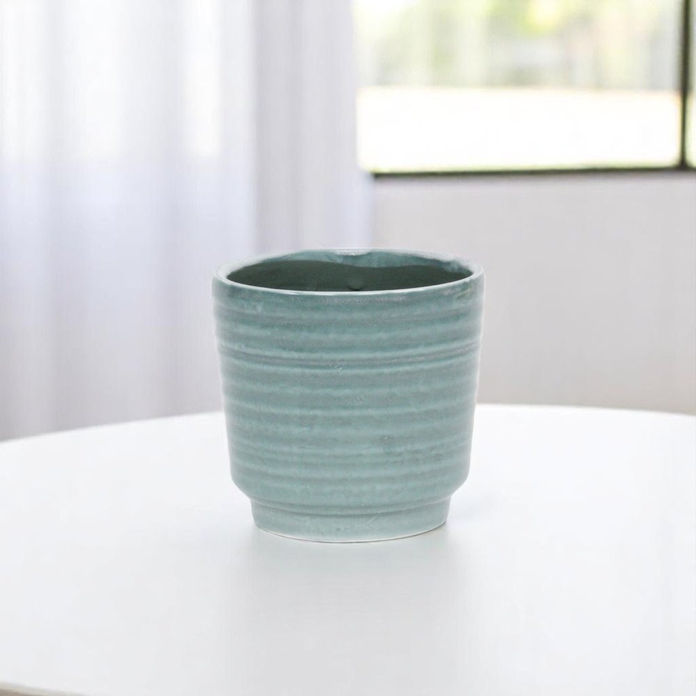 Green Ceramic 23 Ounce Striped Round Distressed Pot Planter