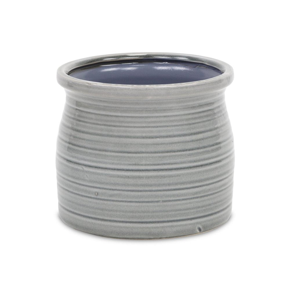Gray Ceramic 51 Ounce Striped Round Distressed Pot Planter - 5.50" H x 6.25" W x 6.25" D