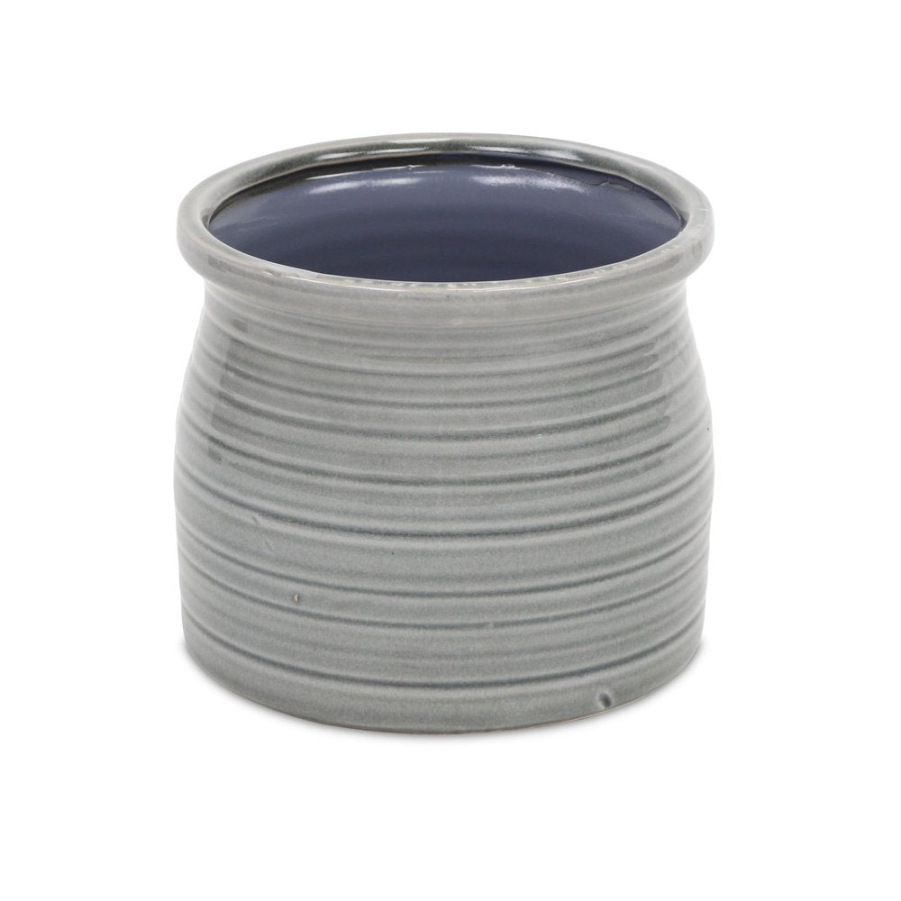 Gray Ceramic 51 Ounce Striped Round Distressed Pot Planter - 5.50" H x 6.25" W x 6.25" D