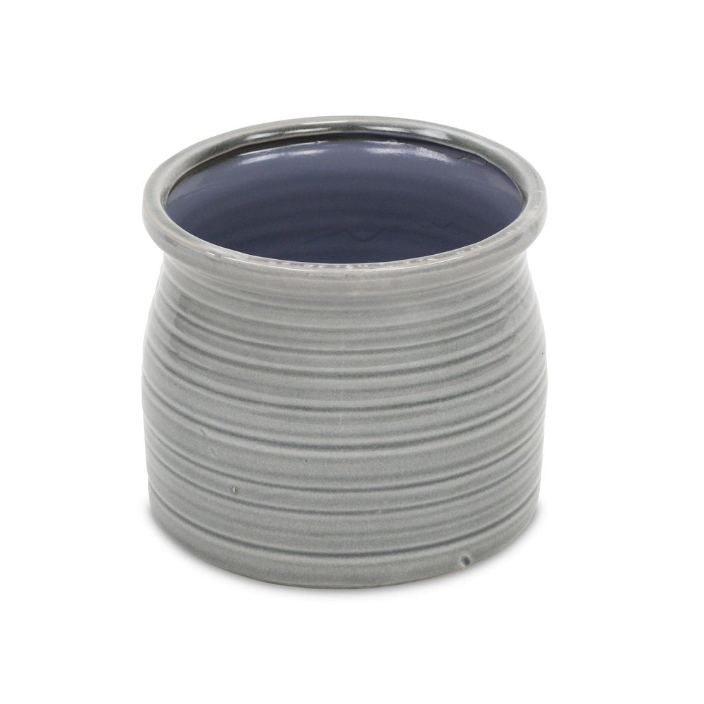 Gray Ceramic 51 Ounce Striped Round Distressed Pot Planter - 5.50" H x 6.25" W x 6.25" D