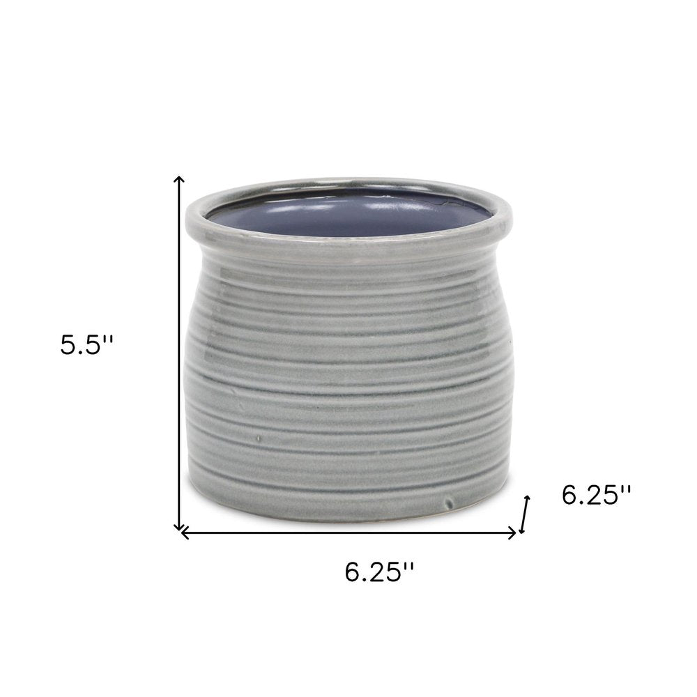 Gray Ceramic 51 Ounce Striped Round Distressed Pot Planter - 5.50" H x 6.25" W x 6.25" D
