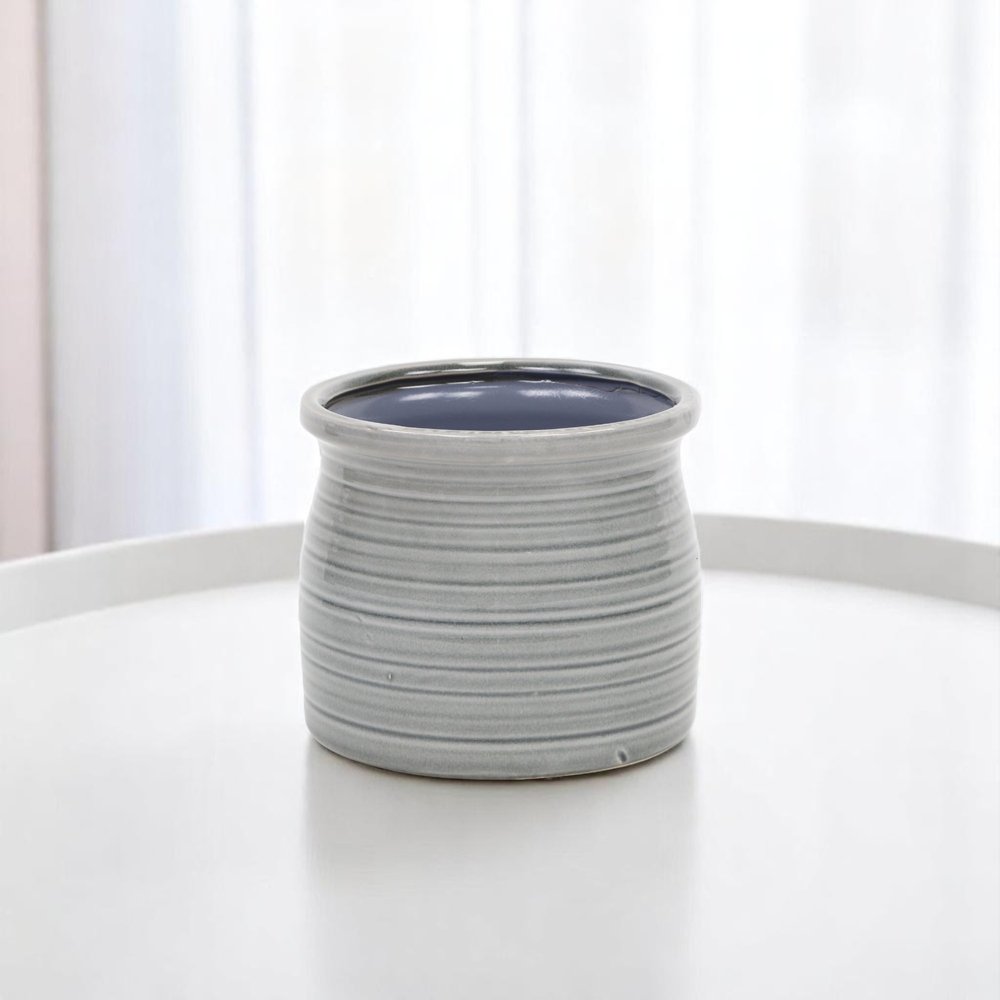 Gray Ceramic 51 Ounce Striped Round Distressed Pot Planter - 5.50" H x 6.25" W x 6.25" D on a white background