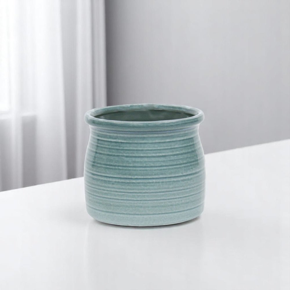 Celadon Ceramic 51 Ounce Striped Round Distressed Pot Planter