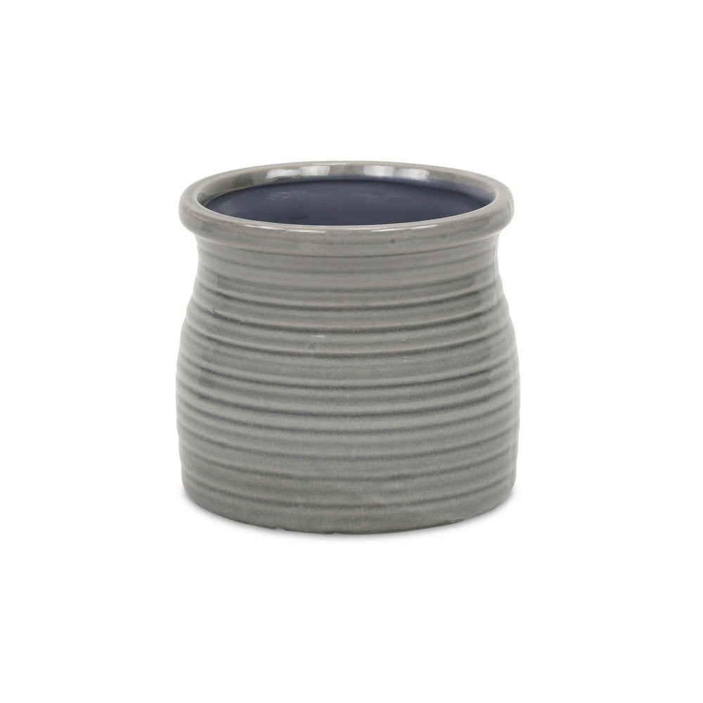 Gray Ceramic 51 Ounce Striped Round Distressed Pot Planter - 4.75" H x 5.00" W x 5.00" D