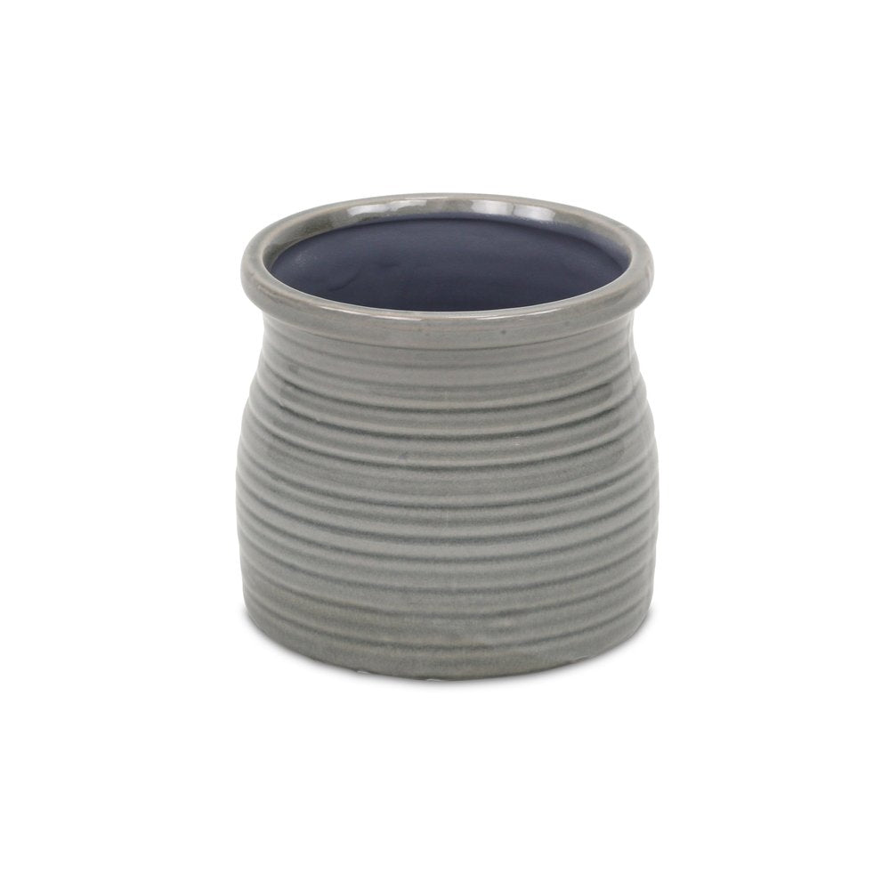 Gray Ceramic 51 Ounce Striped Round Distressed Pot Planter - 4.75" H x 5.00" W x 5.00" D