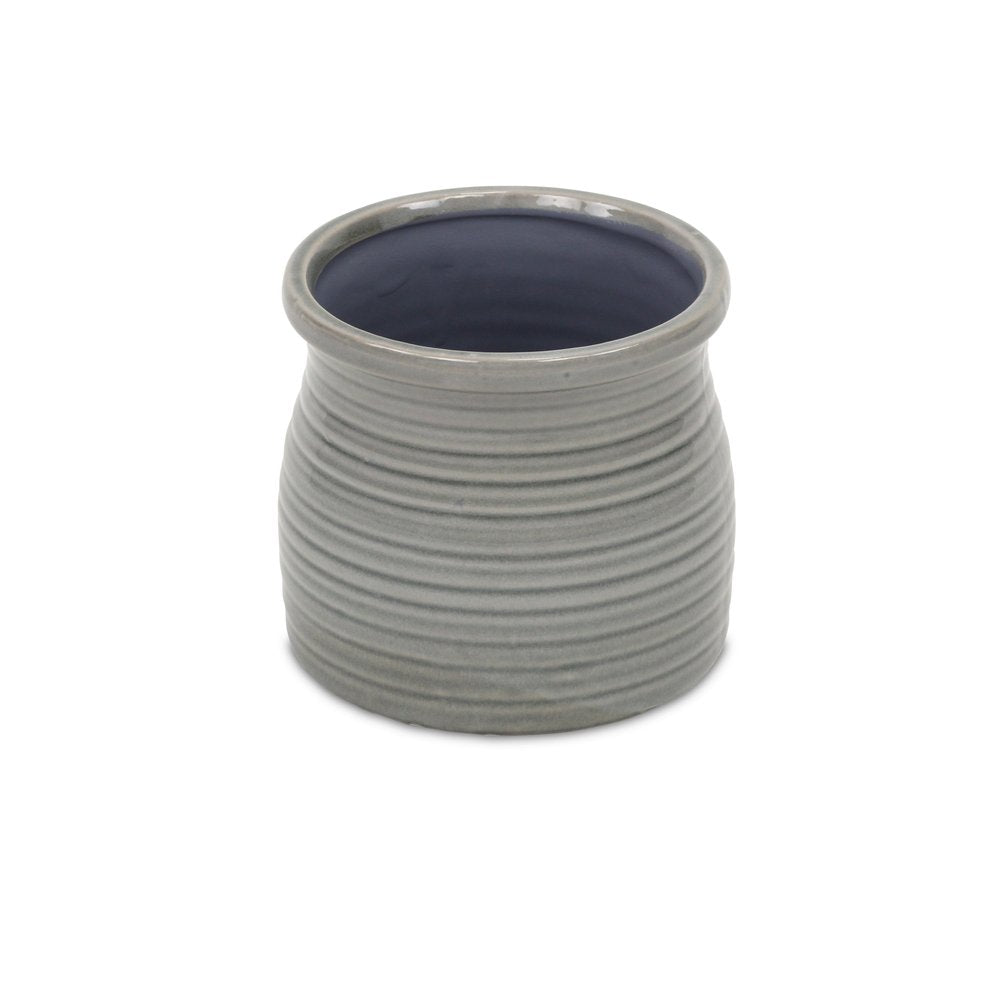 Gray Ceramic 51 Ounce Striped Round Distressed Pot Planter - 4.75" H x 5.00" W x 5.00" D