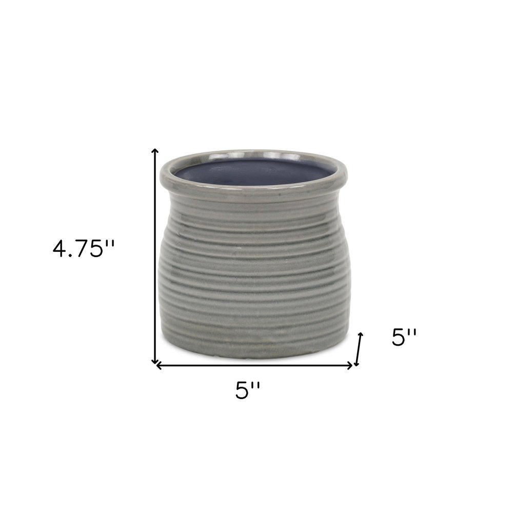 Gray Ceramic 51 Ounce Striped Round Distressed Pot Planter - 4.75" H x 5.00" W x 5.00" D