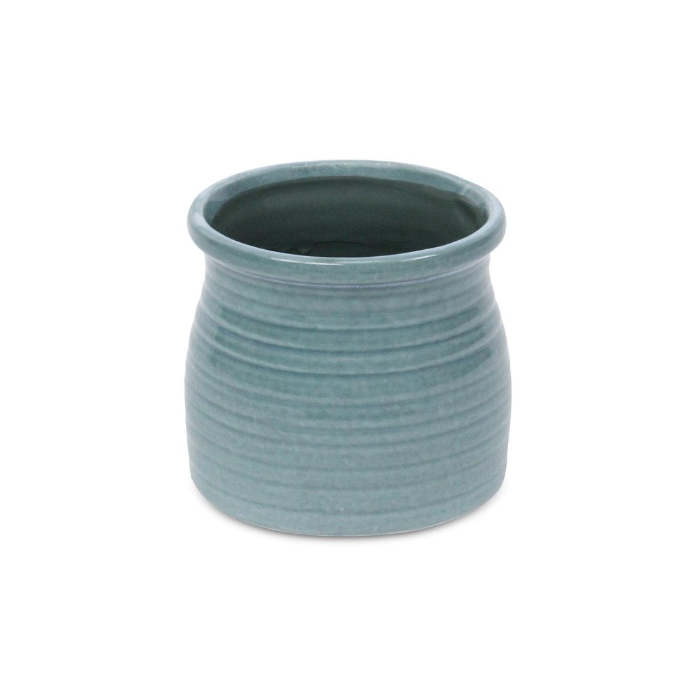 Celadon Ceramic 25 Ounce Striped Round Distressed Pot Planter