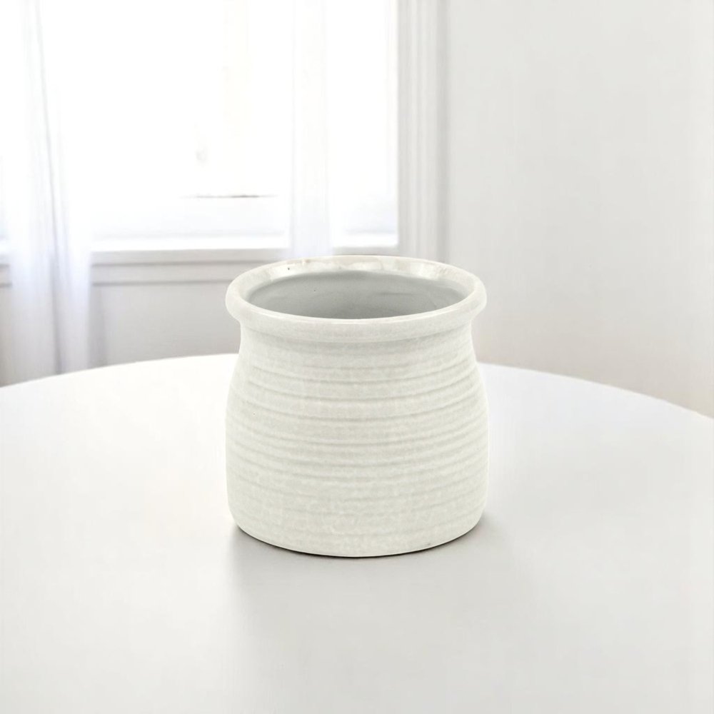 White Ceramic 25 Ounce Striped Round Distressed Pot Planter on a white background