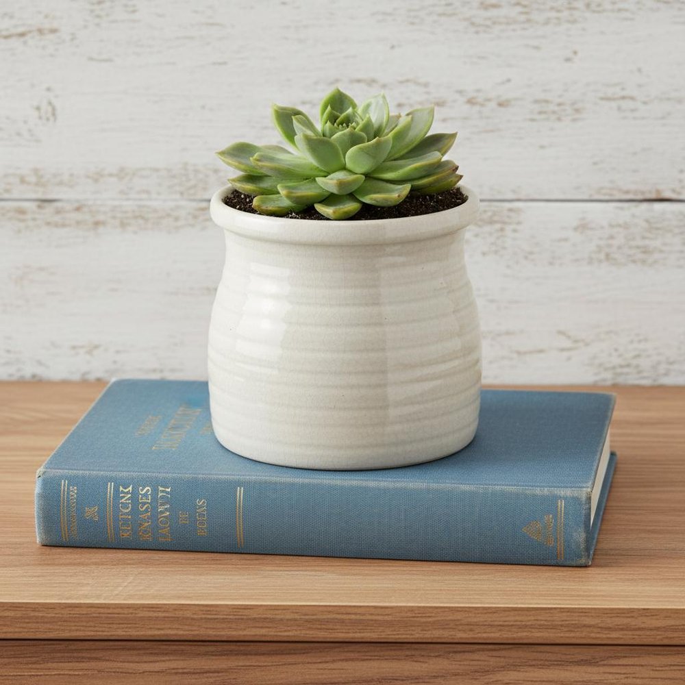 White Ceramic 25 Ounce Striped Round Distressed Pot Planter in a home interior