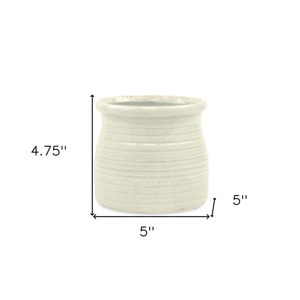 White Ceramic 25 Ounce Striped Round Distressed Pot Planter