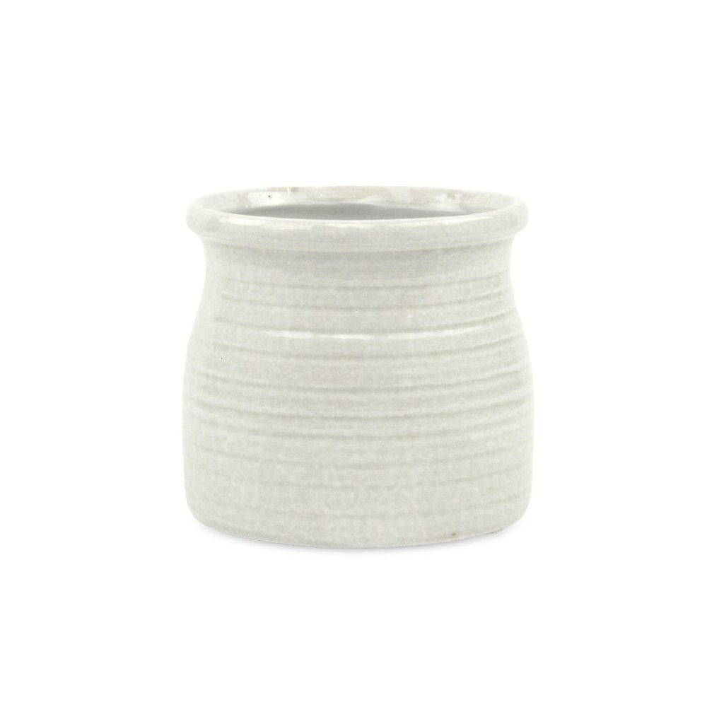 White Ceramic 25 Ounce Striped Round Distressed Pot Planter
