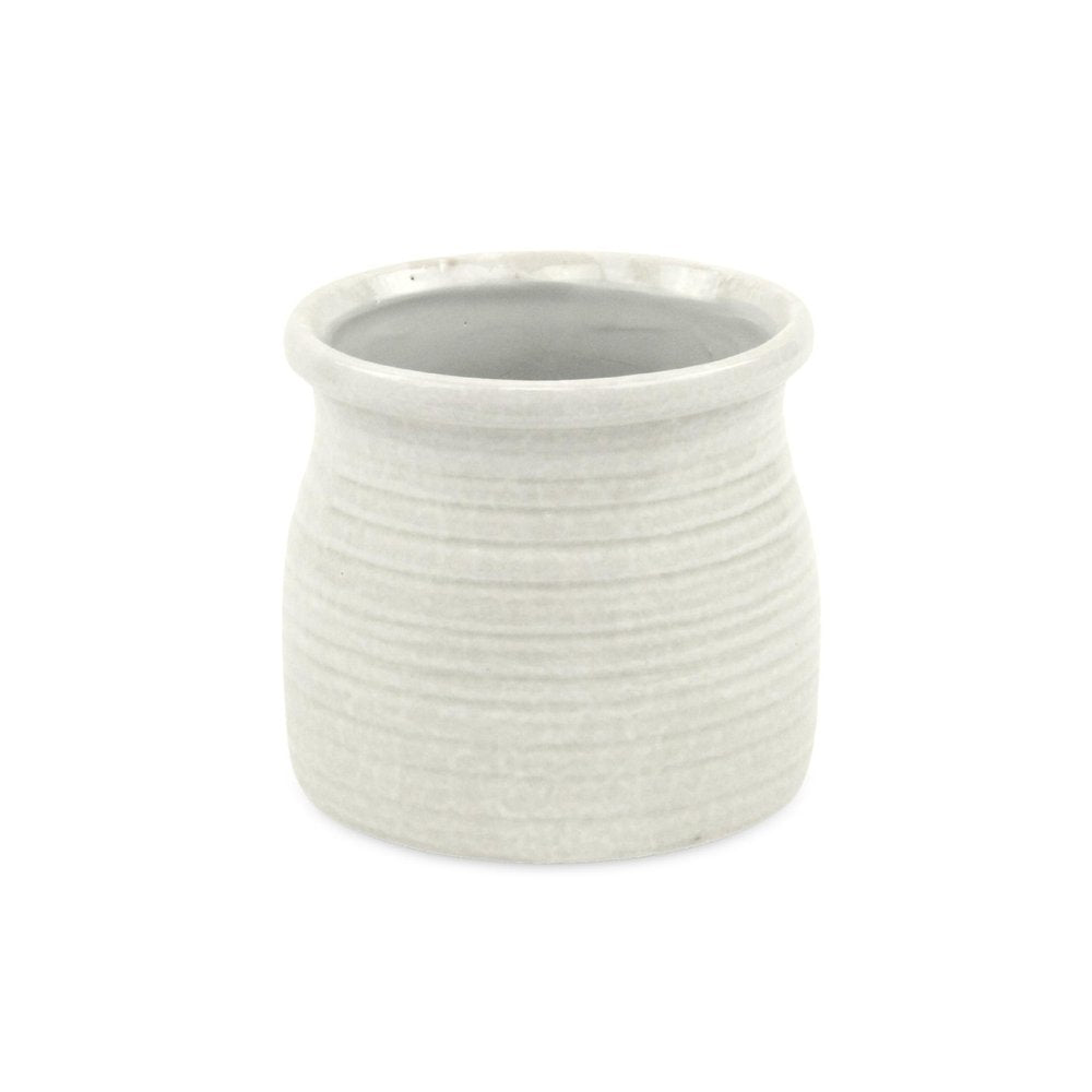 White Ceramic 25 Ounce Striped Round Distressed Pot Planter