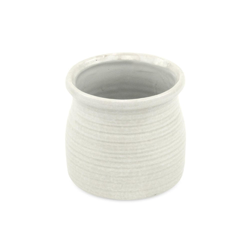 White Ceramic 25 Ounce Striped Round Distressed Pot Planter on a white background