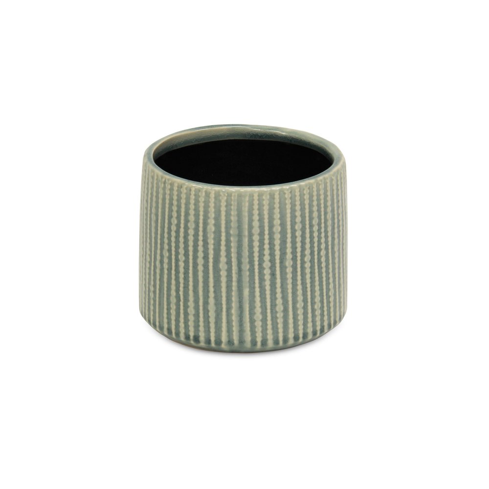 6" Green Striped Ceramic Indoor Outdoor Round Pot Planter. Outdoor planter isolated on a plain white background, showing a ceramic surface.