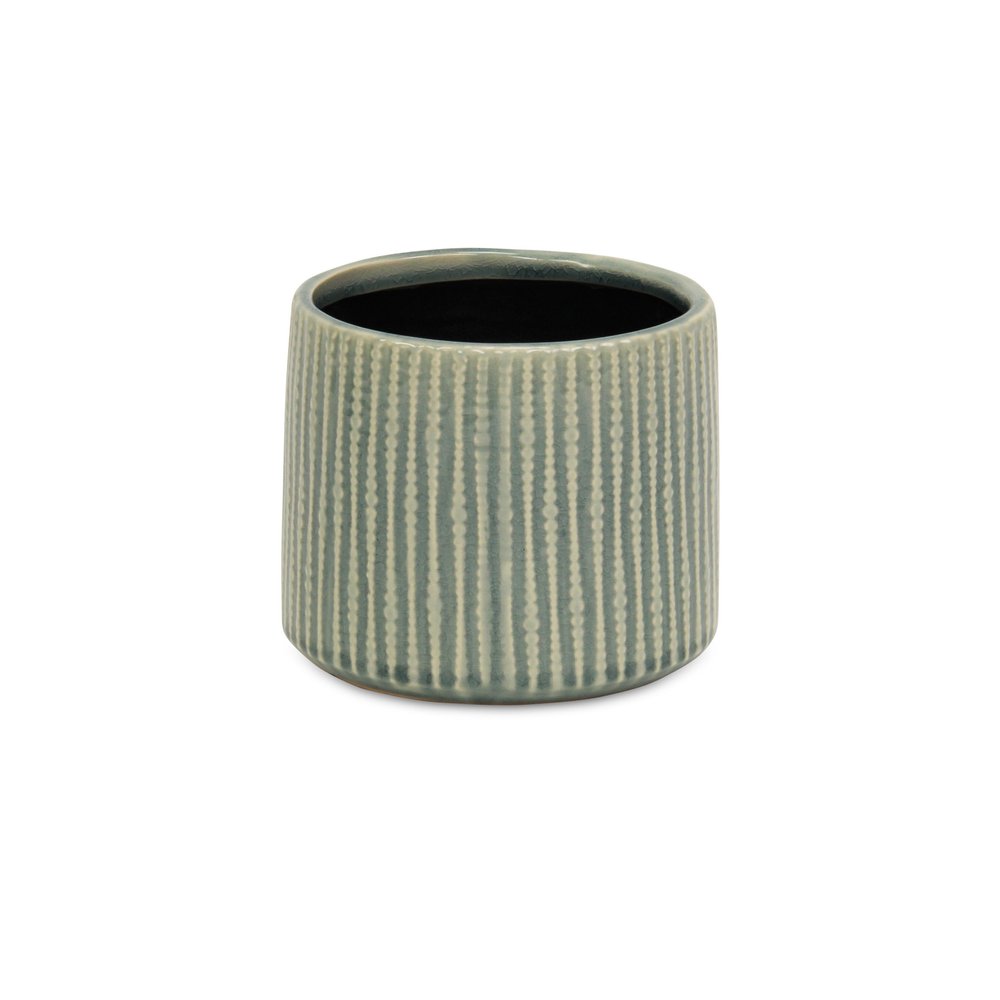 6" Green Striped Ceramic Indoor Outdoor Round Pot Planter. Outdoor planter isolated on a plain white background, showing a ceramic surface.