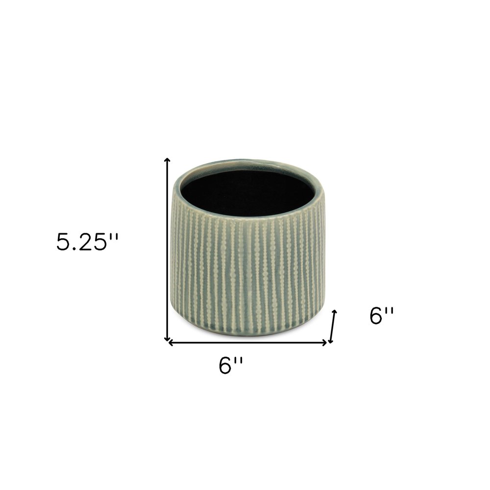 6" Green Striped Ceramic Indoor Outdoor Round Pot Planter. Outdoor planter isolated on a plain white background, showing a ceramic surface.