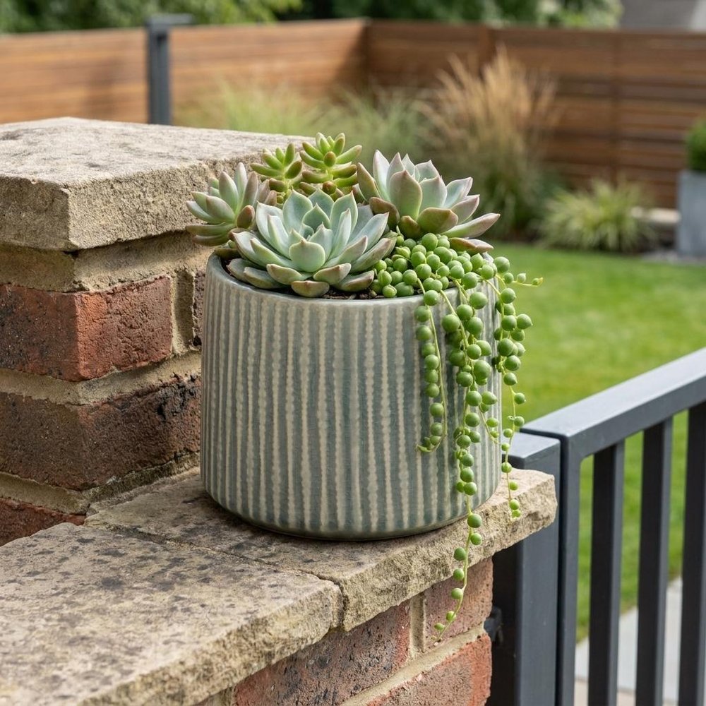 6" Green Striped Ceramic Indoor Outdoor Round Pot Planter