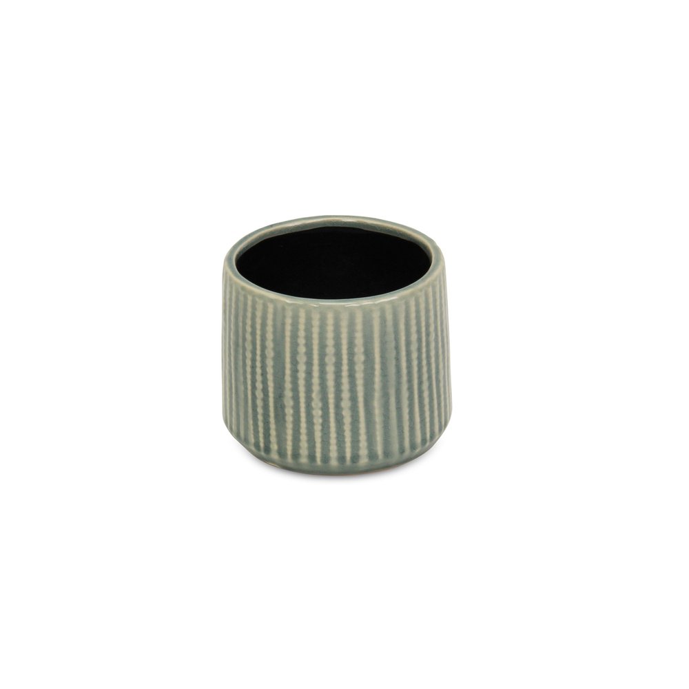 Green Ceramic 25 Ounce Striped Round Distressed Pot Planter