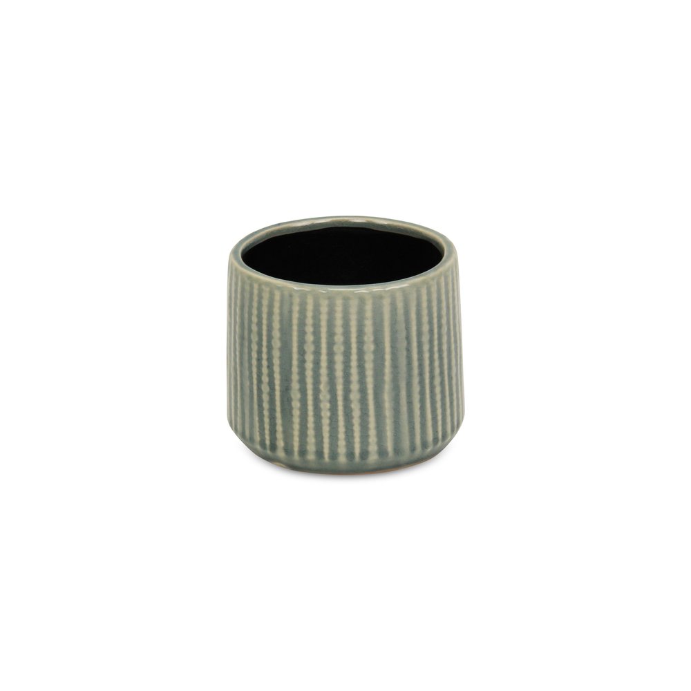Green Ceramic 25 Ounce Striped Round Distressed Pot Planter