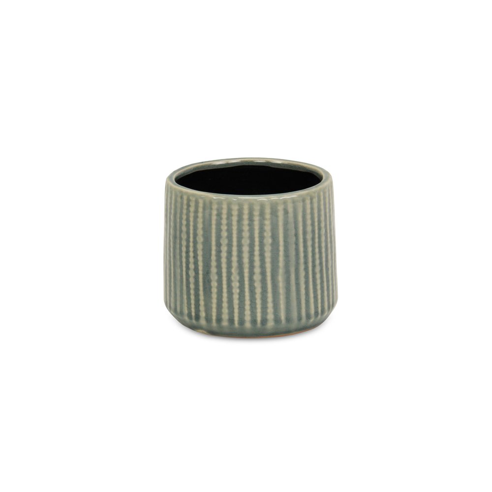 Green Ceramic 25 Ounce Striped Round Distressed Pot Planter