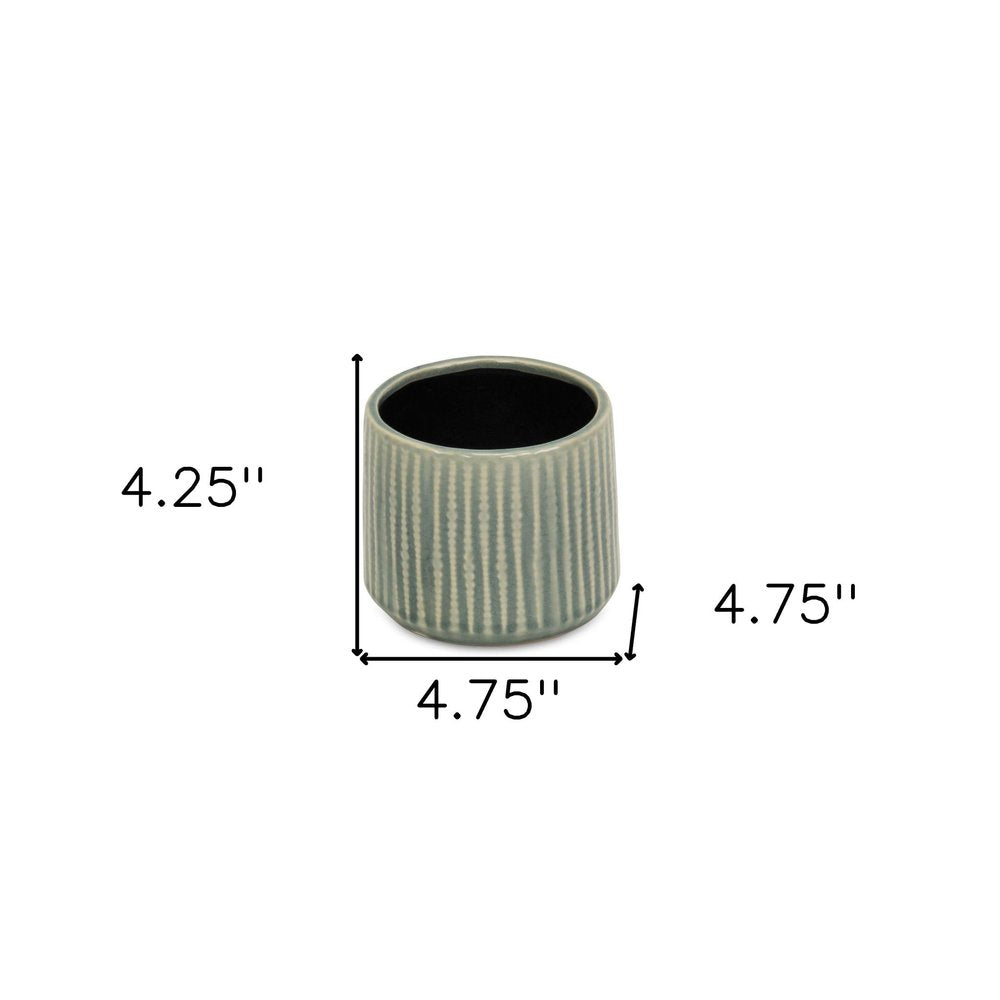 Green Ceramic 25 Ounce Striped Round Distressed Pot Planter