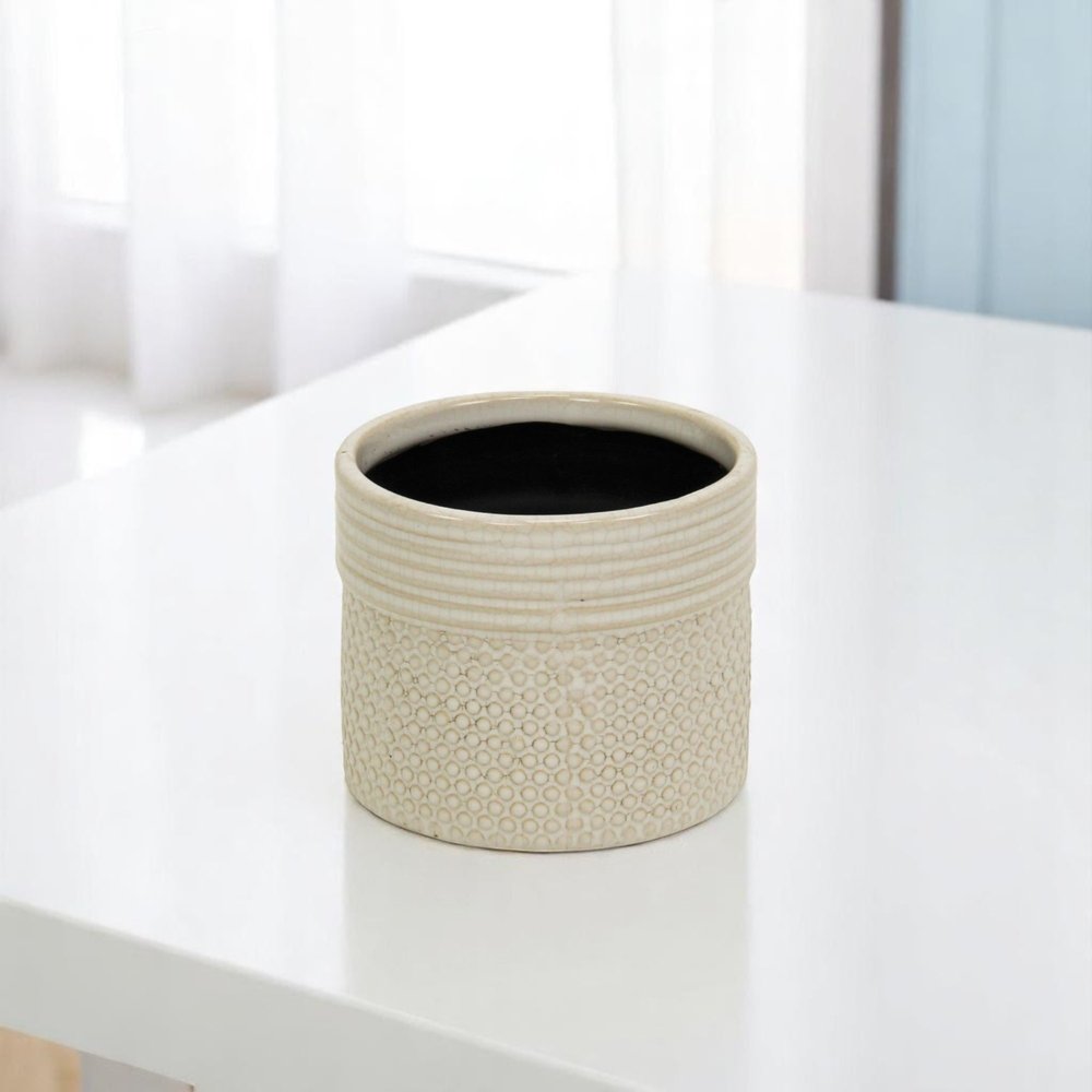 Off White Ceramic 25 Ounce Dotted Round Distressed Pot Planter on a white background