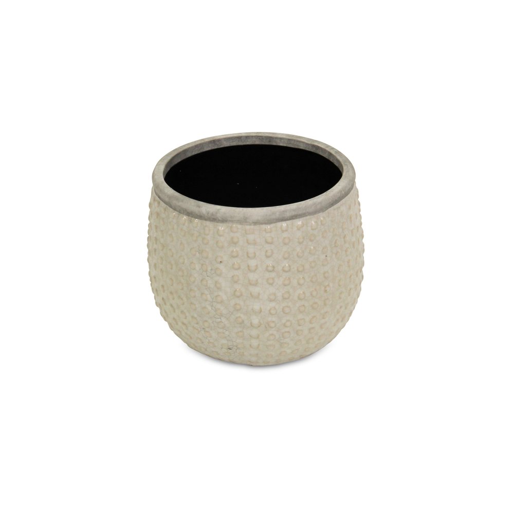 6" Beige Dot Ceramic Indoor Outdoor Round Pot Planter. Outdoor planter isolated on a plain white background, finished in beige ceramic.