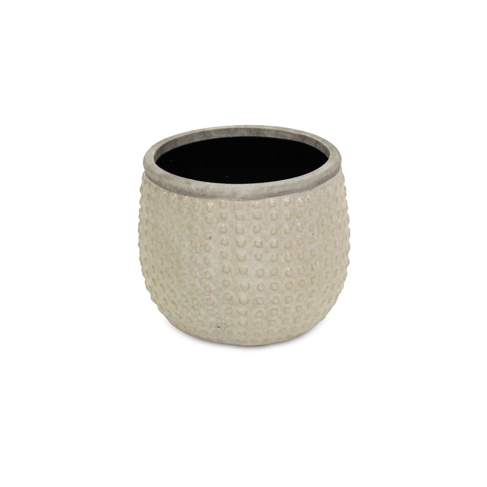 6" Beige Dot Ceramic Indoor Outdoor Round Pot Planter. Outdoor planter isolated on a plain white background, in a beige ceramic finish.
