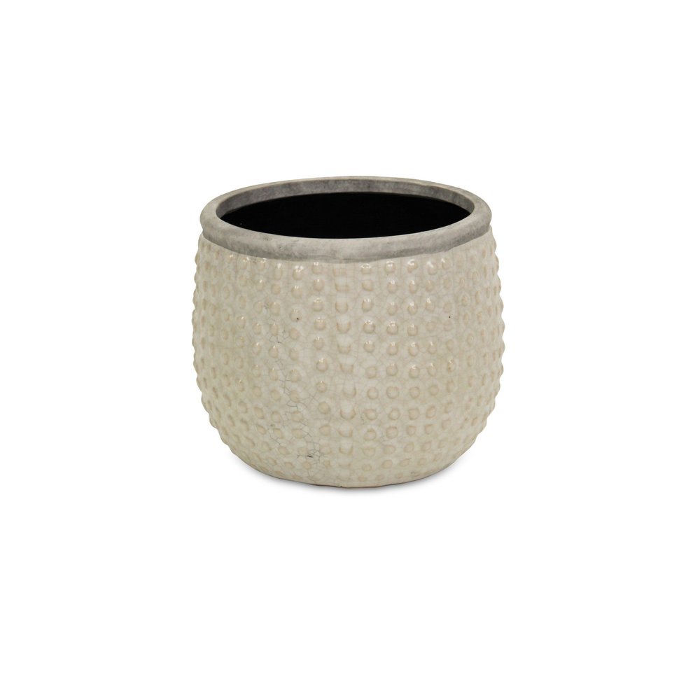 6" Beige Dot Ceramic Indoor Outdoor Round Pot Planter. Outdoor planter isolated on a plain white background, finished in beige ceramic.