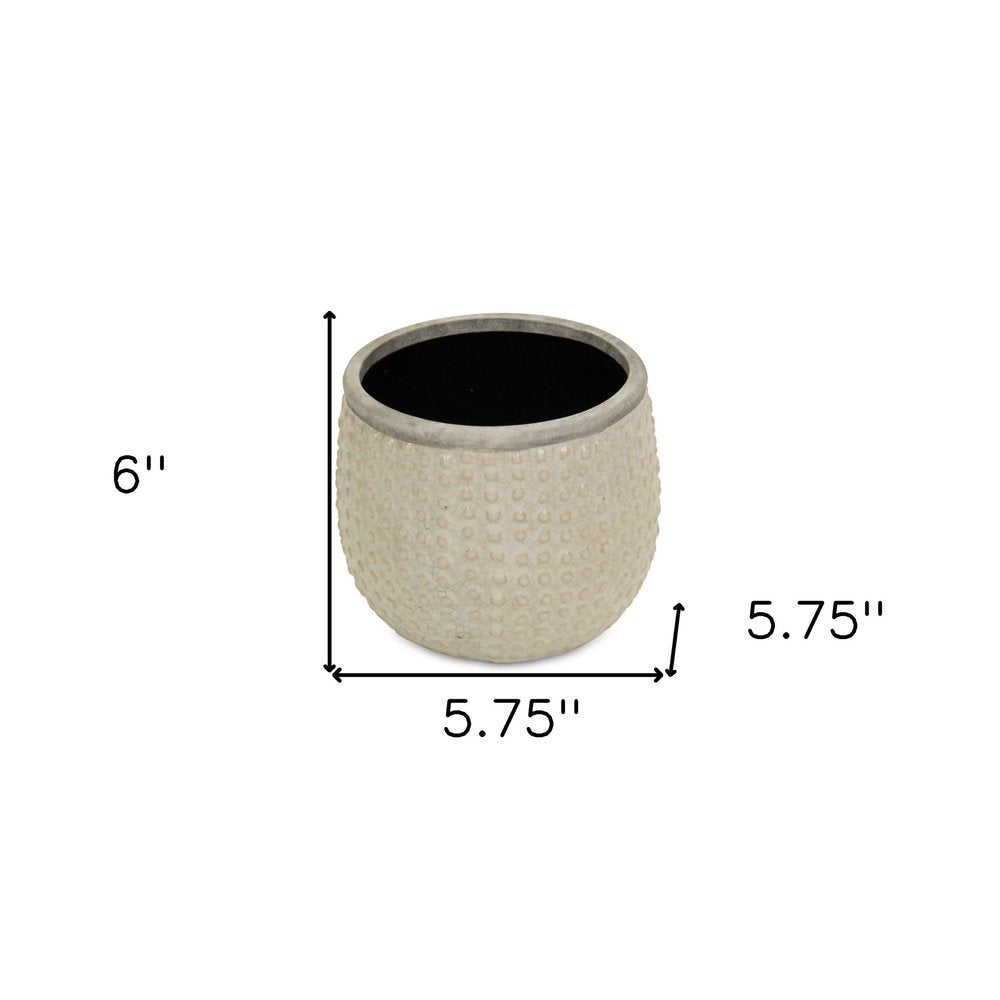 6" Beige Dot Ceramic Indoor Outdoor Round Pot Planter. Outdoor planter isolated on a plain white background, finished in beige ceramic.